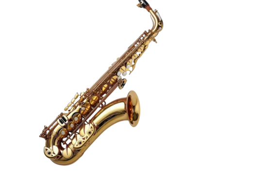 A gleaming golden saxophone resting against a soft white backdrop showcasing its intricate design isolated on transparent background - Powered by Adobe