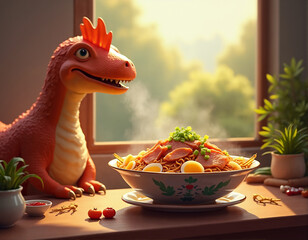 A red toy dinosaur with a yellow head and orange spikes sits on a wooden table, gazing at a bowl of noodles, vegetables, and meat, with a window and plant in the background.