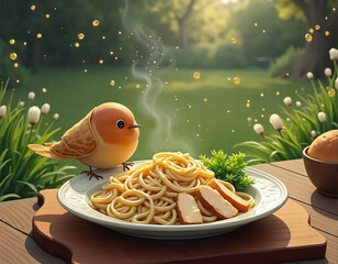 A whimsical digital illustration depicts a bird perched on a plate of spaghetti with meat, set against a backdrop of a garden with white flowers and a tree.