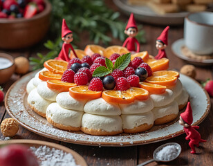 A festive dessert featuring a white cake with orange and red fruit slices, surrounded by small elf figurines, is presented on a wooden table with additional fruit and a cup in the background.