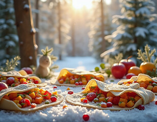 A snowy forest scene features a table with four tortillas filled with fruit, accompanied by a small wooden figurine and scattered red berries.