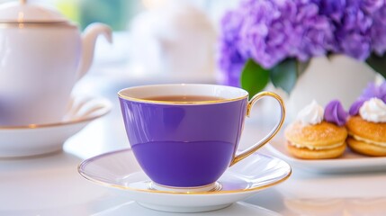 Elegant afternoon tea setting featuring a purple cup, pastries, and vibrant flowers in the background