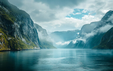 Fototapeta premium Beautiful mountain range with a large body of water in the foreground