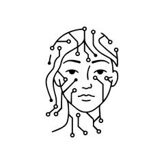human woman face head interconnected printed circuit lines board, vector logo monochromatic black transmission line