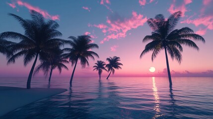 Fototapeta premium Tropical sunset with silhouetted palm trees and pink hued clouds reflecting in calm water