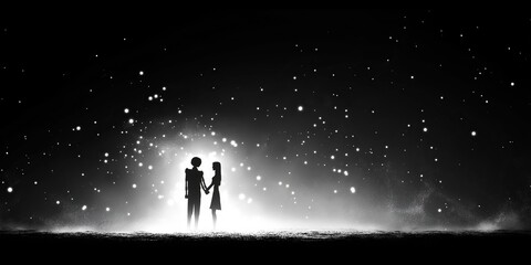 Obraz premium Silhouettes of a couple holding hands against a soft glowing background of sparkling particles