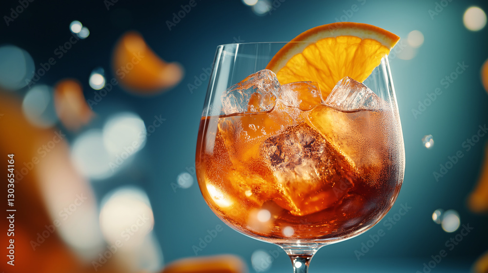Poster glass of aperol spritz cocktail with ice cubes and orange slice splashing on blue background