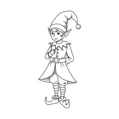 cute christmas elf in festive outfit, hand drawn sketch