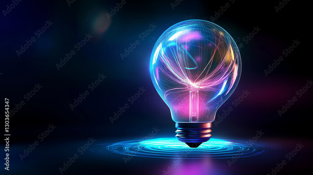 Poster bright light bulb floating on blue and pink neon swirls generating innovative idea