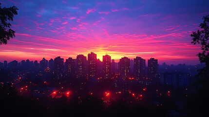 Fototapeta premium Cityscape sunrise, vibrant sky, urban dawn, hilltop view, website banner