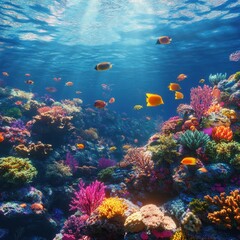 Naklejka premium Vibrant coral reef bustling with colorful fish in a clear tropical ocean