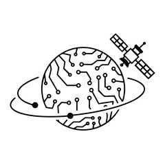 planet interconnected printed circuit lines board, vector technology logo, monochromatic black outline transmission line