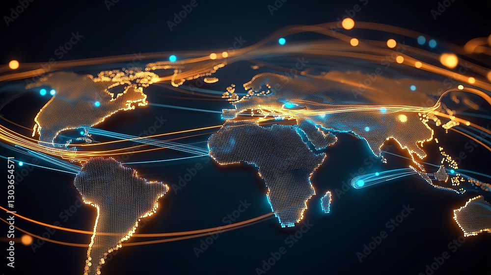 Poster Global communication network connecting world continents with data flow