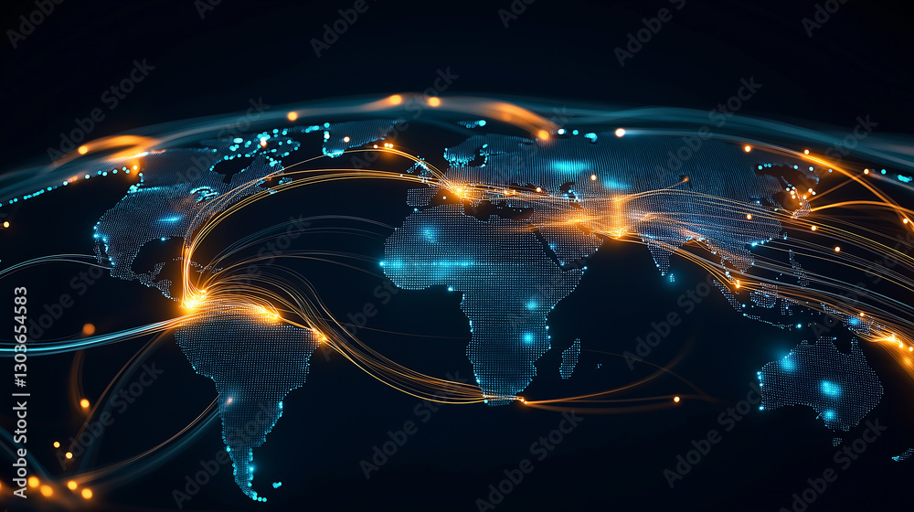 Poster Global communication network connecting world continents with data flow