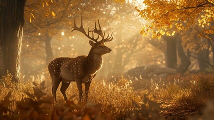 A serene deer stands in a sunlit autumn forest.