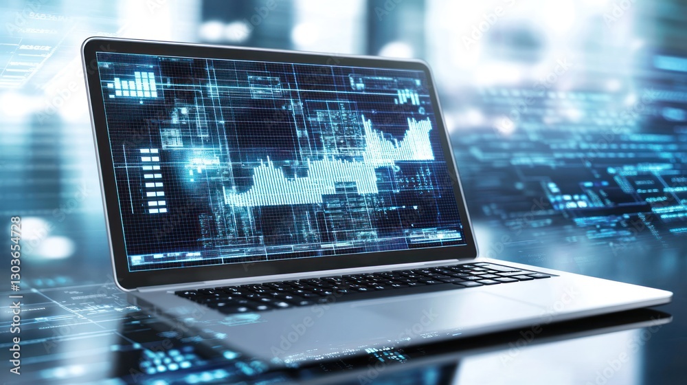 Poster laptop displaying data visualization in abstract digital background. possible use stock photo for te