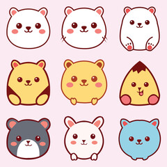 Kawaii Cute Cartoon Animal Faces Set