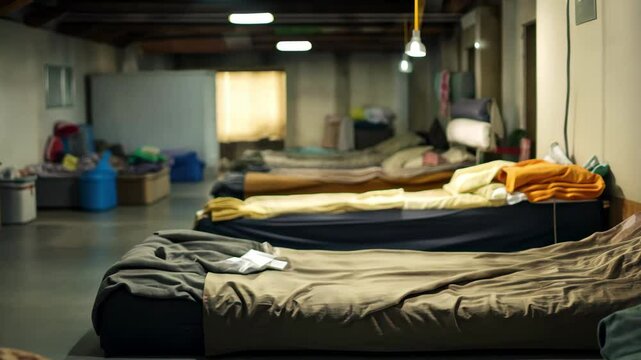 Beds arranged in a homeless shelter reflecting the need for warm and safe living spaces, Beds in a Homeless shelter