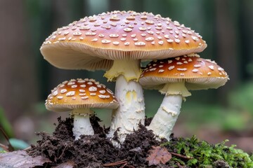 Obraz premium Lethal Mushrooms in the Forest, Close Focus on Harmful Varieties