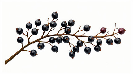 Branch of ripe blackcurrants adorned with lush green leaves, isolated against a white background. Highlighting a fresh and natural appearance, perfect for themes of nature, food, or botanical studies
