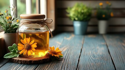 Wooden table, window, herbal oil jar, flowers, blurred background