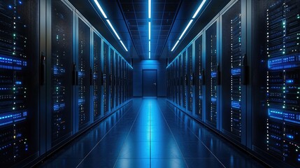 Modern data center with glowing blue server racks and a high-tech environment, symbolizing cloud computing, cybersecurity, and networking. Ideal for IT and digital security