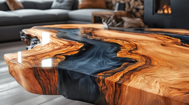 Luxury epoxy river table with wood and resin design, creating a unique and artistic furniture piece for modern interior decoration, Generative AI