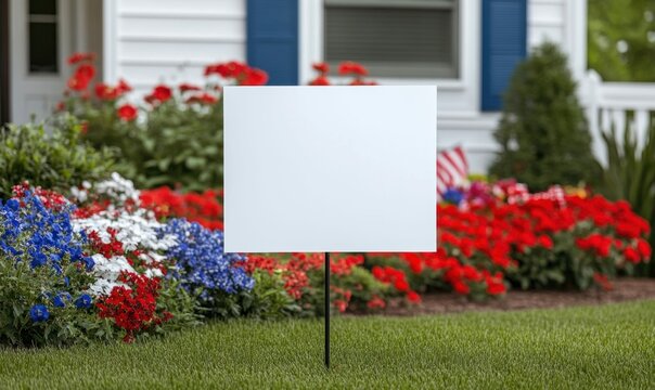 Blank Yard Sign in Front of House with Garden Flowers