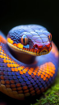 White-lipped python curled up, showing its colorful scales