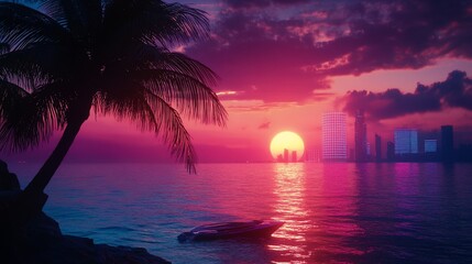 Vibrant pink and purple sunset over ocean with city skyline and silhouette of a palm tree
