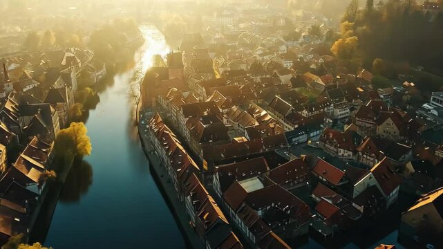Aerial view of Esslingen showcasing the cityscape under a sunny morning sky with a winding river, Aerial view of the city Argos in Greece on a sunny morning