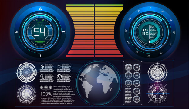 Futuristic digital dashboard displaying system performance and global data metrics with vibrant graphical elements