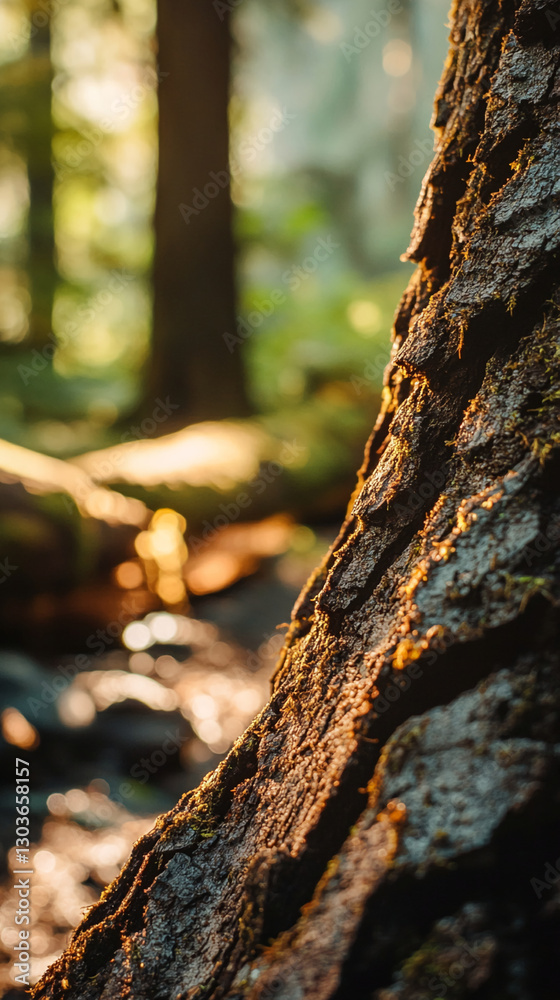 Poster Close-up of tree bark with soft sunlight shining on the surface, showcasing the intricate texture and natural beauty of the forest, symbolizing nature and tranquility.