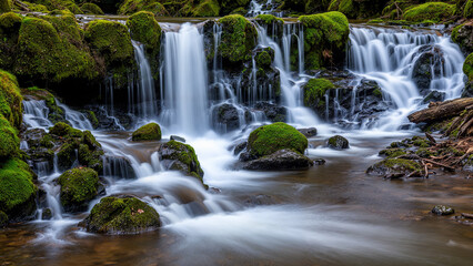 Obraz premium Tranquil Forest Waterfall with Moss-Covered Rocks
