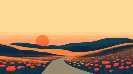 A serene landscape at sunset with a winding path and vibrant poppy flowers.