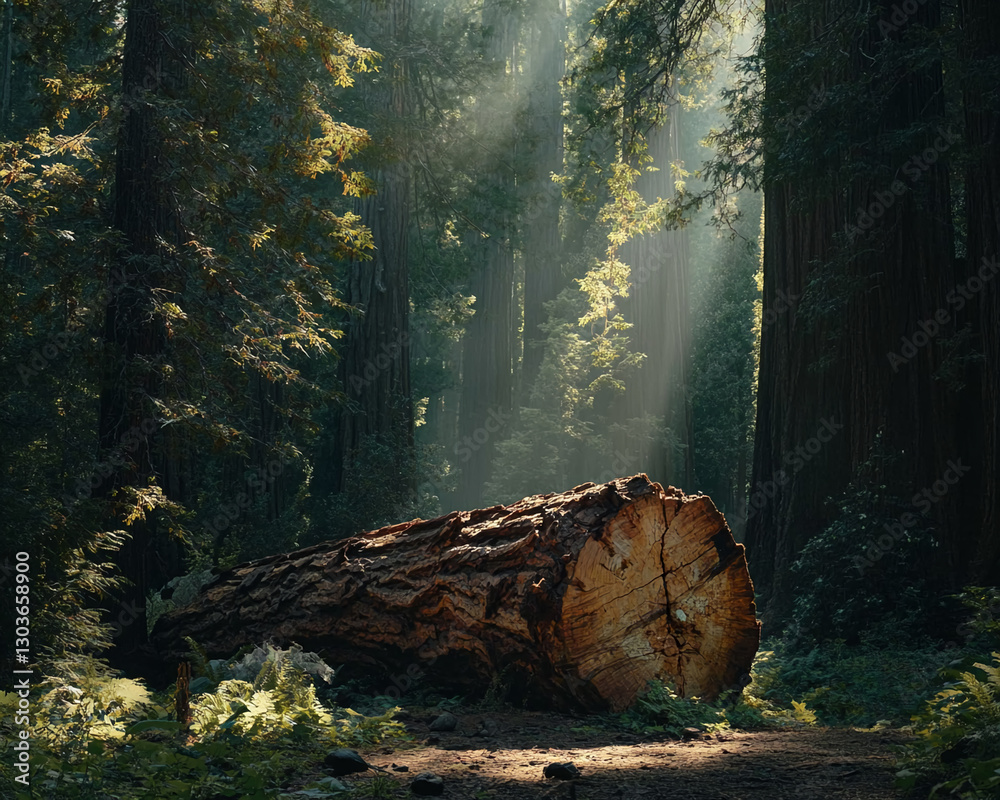 Poster Fallen tree trunk in a forest with sunlight streaming through the trees, creating a serene atmosphere and showcasing the beauty of nature, growth, and the cycle of life.