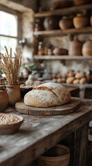 Fototapeta premium A cozy rustic kitchen showcasing freshly baked artisan bread on a wooden table, surrounded by pottery and wheat decor.
