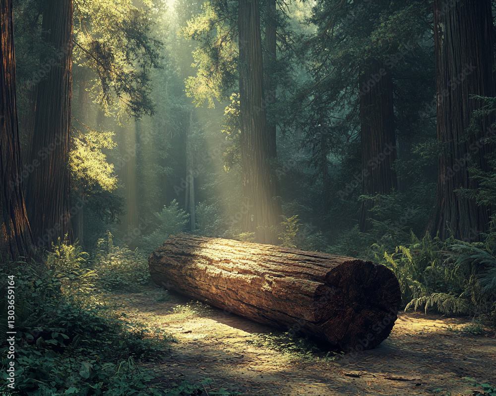 Poster a fallen log in a lush forest with beams of sunlight filtering through the trees, showcasing a peace