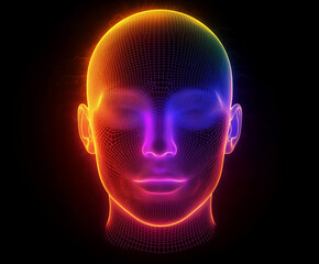 Glowing 3D human head outline made entirely of neon