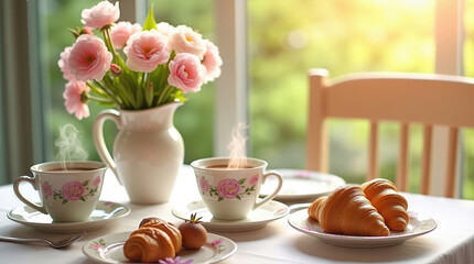 8 of March concept: Elegant Breakfast Table with Coffee, Croissants, and Spring Flowers