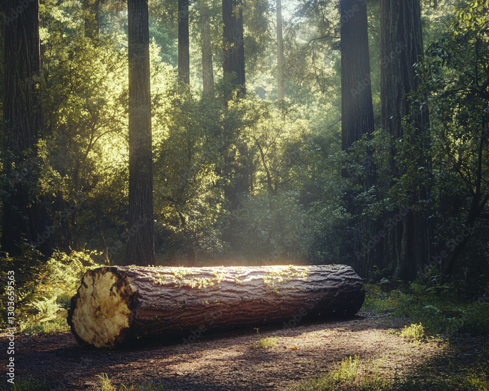 Aufkleber A large fallen log illuminated by soft sunlight in a dense forest with towering trees, symbolizing nature's tranquility, regeneration, and the beauty of untouched wilderness.