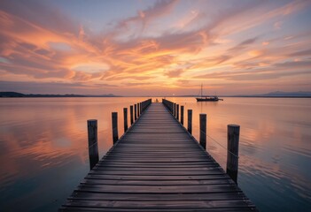 Fototapeta premium Serene Sunset Dock View. Calm Lake. Tranquil Waters Reflecting Colorful Sky. Distant Sailboat Adds To The Peaceful Scene. A Beautiful Evening Landscape Inviting Contemplation.