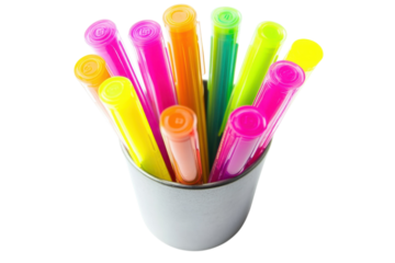 Colorful markers in a metallic pot bring creativity to life in a bright workspace setting isolated on transparent background