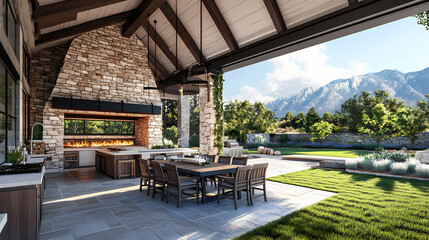 Outdoor covered patio with stone fireplace, dining table, chairs, built-in kitchen, tiled floor, green grass, skylights. Tranquil - Mountain. Illustration