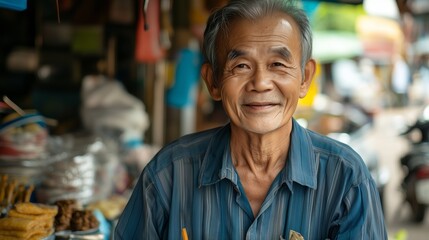 A cheerful elderly man in a striped shirt smiles warmly, surrounded by vibrant market stalls bustling with activity.