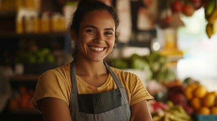 Cheerful female shopkeeper in an apron, surrounded by colorful fruits and vegetables at a local market stall.