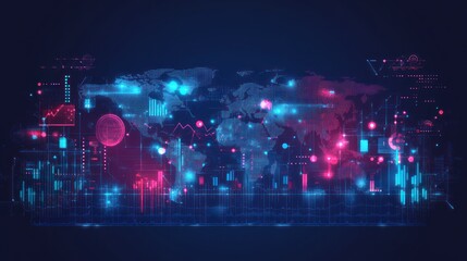 Obraz premium Global Data Visualization - World Map with Charts and Graphs - Abstract Background - Stock Photo