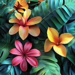 Obraz premium Colorful Flowers & Tropical Foliage: Vibrant Summer Floral Design with Plumeria & Exotic Plants