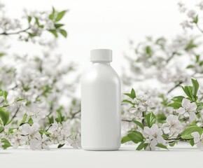 A sleek, white bottle with a cap is showcased amidst delicate cherry blossoms, emphasizing a fresh and minimalist design perfect for branding and product presentations
