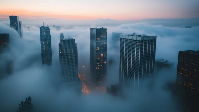 Misty Urban Cityscape: Serene Skyscrapers at Sunrise